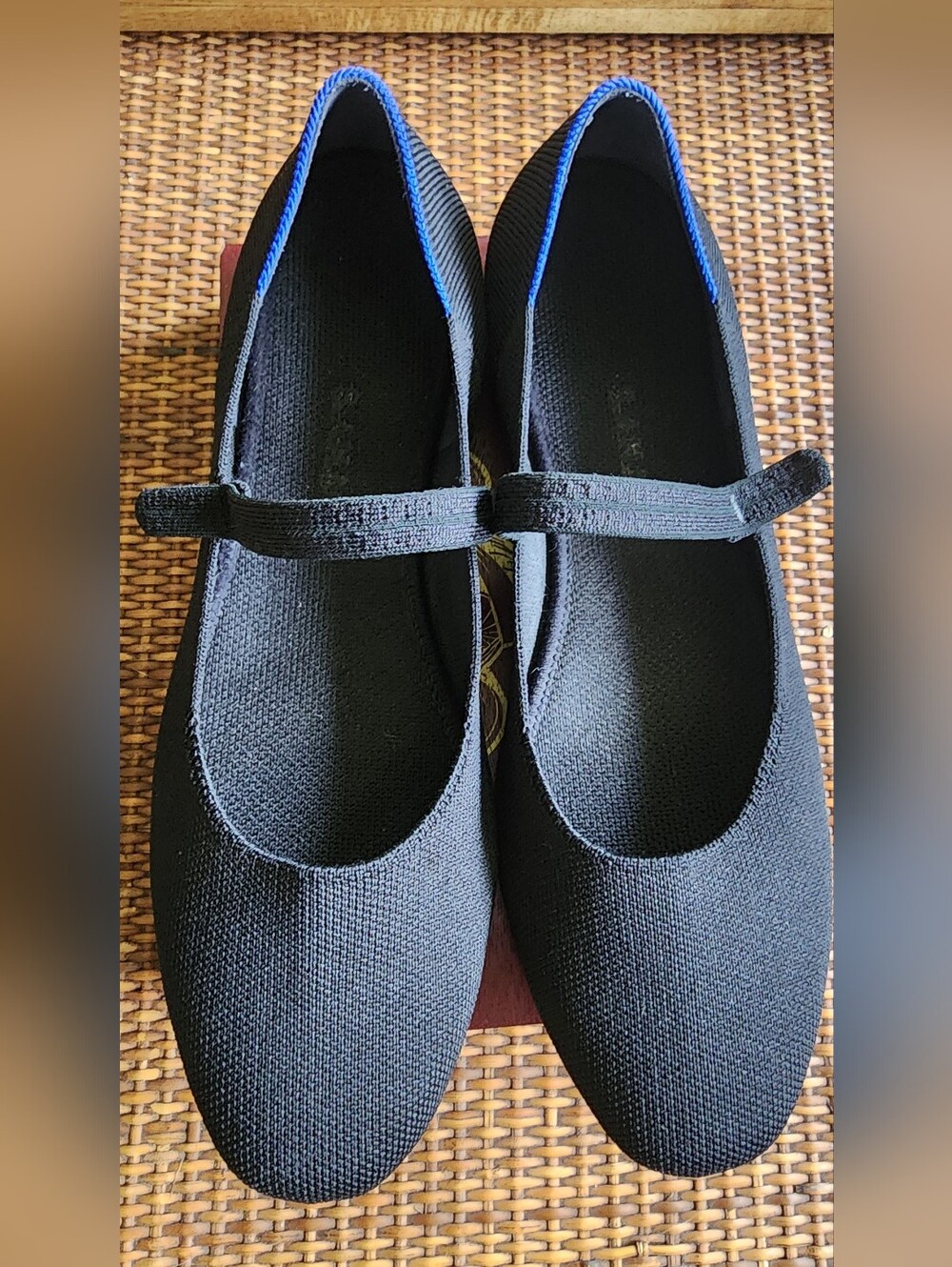 Rothy's Black Knit Mary Jane Flats with Blue Trim And Tortoise Sole